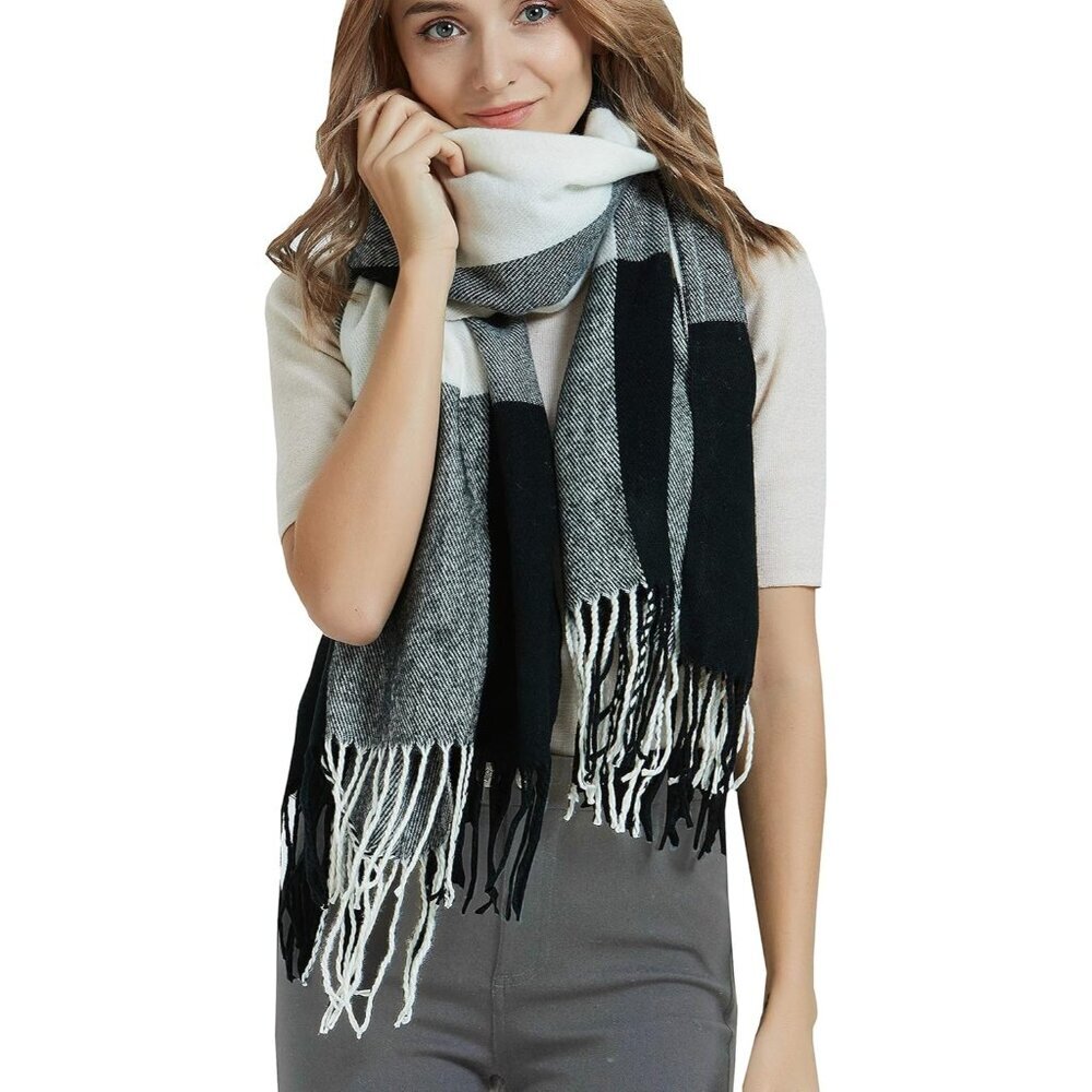 Women's Big Plaid Black Fashion Long Shawl Big Grid Winter Warm Lattice Scarfs